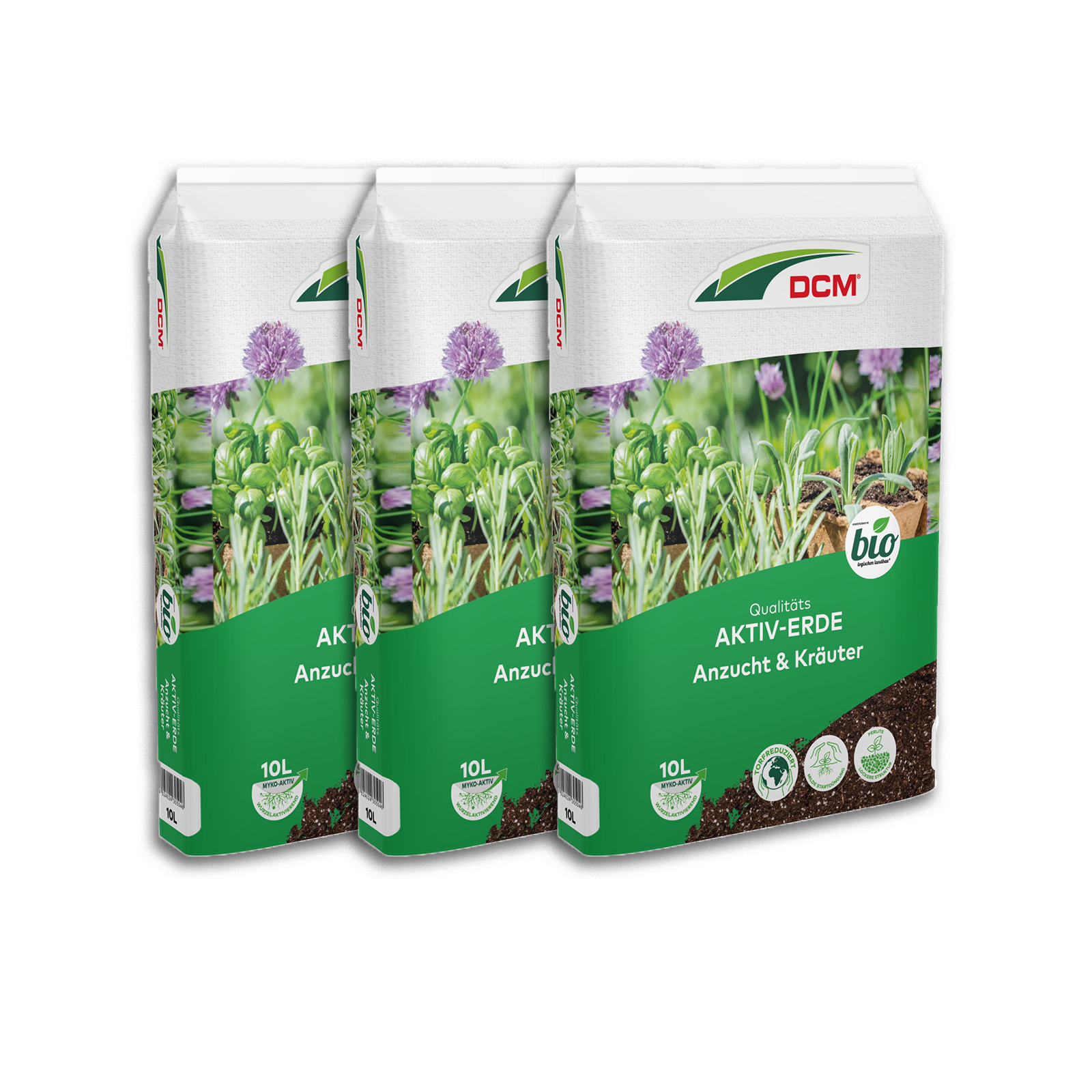 DCM Aktiv-Erde Anzucht & Kräuter 3er-Pack mit Mykorrhiza-Pilzen feine Struktur torfreduziert