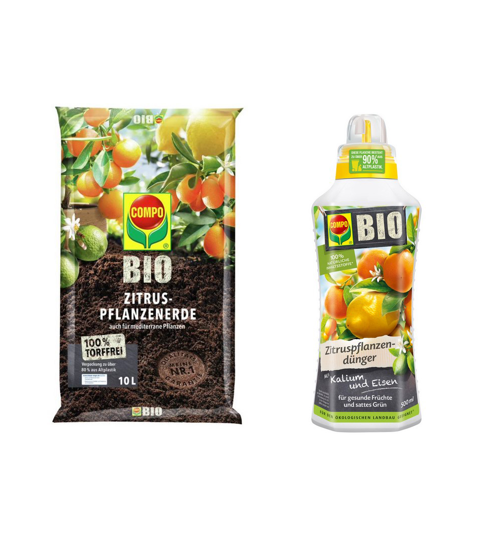 COMPO Bio Zitruspflanzenerde torffrei 10l und COMPO BIO Zitruspflanzendünger flüssig 500ml