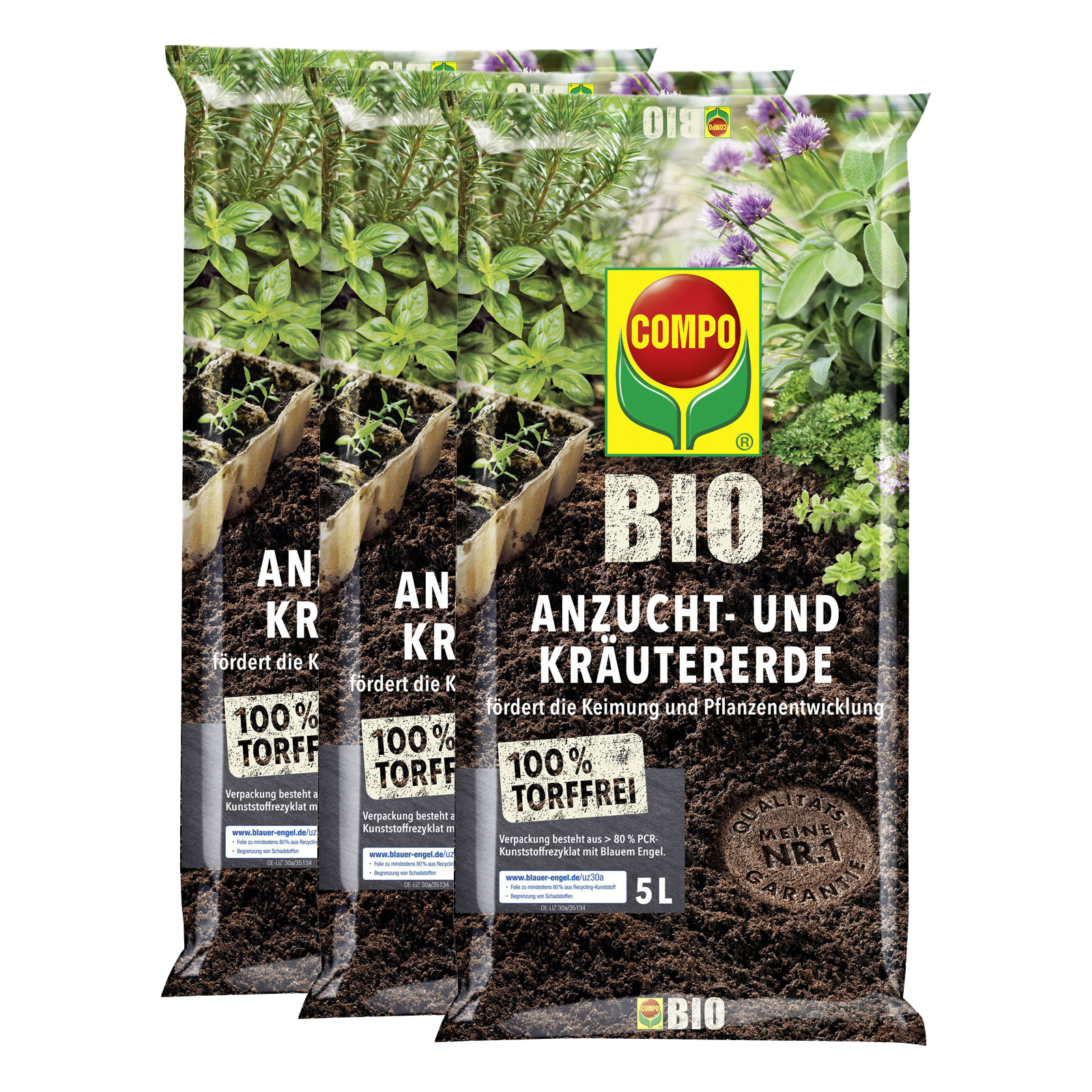 Compo BIO Anzucht- und Kräutererde 3er-Pack à 5 Liter