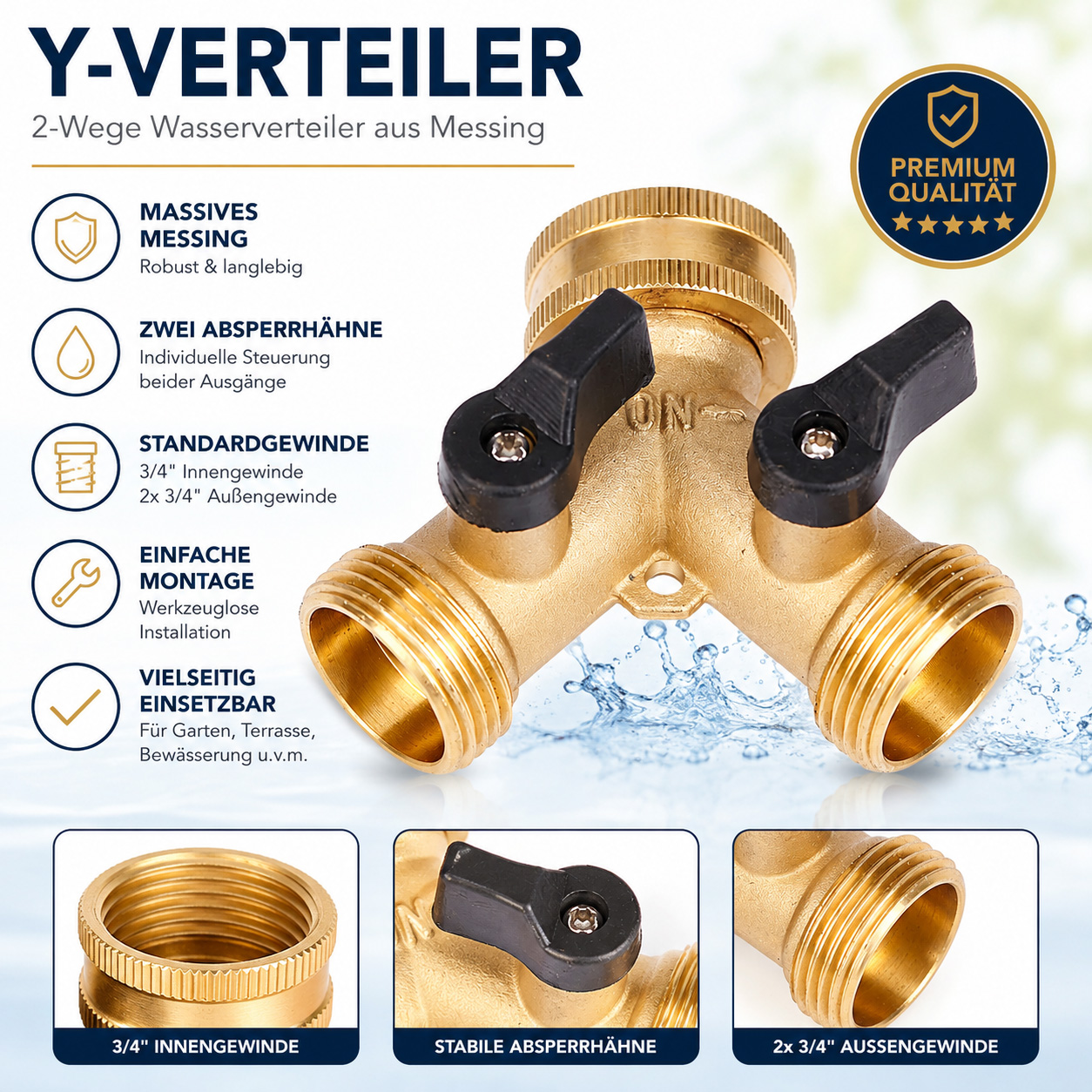 2-Wege-Wasserverteiler Messing 3/4 Zoll Messing Y-Verteiler für Wasserhähne